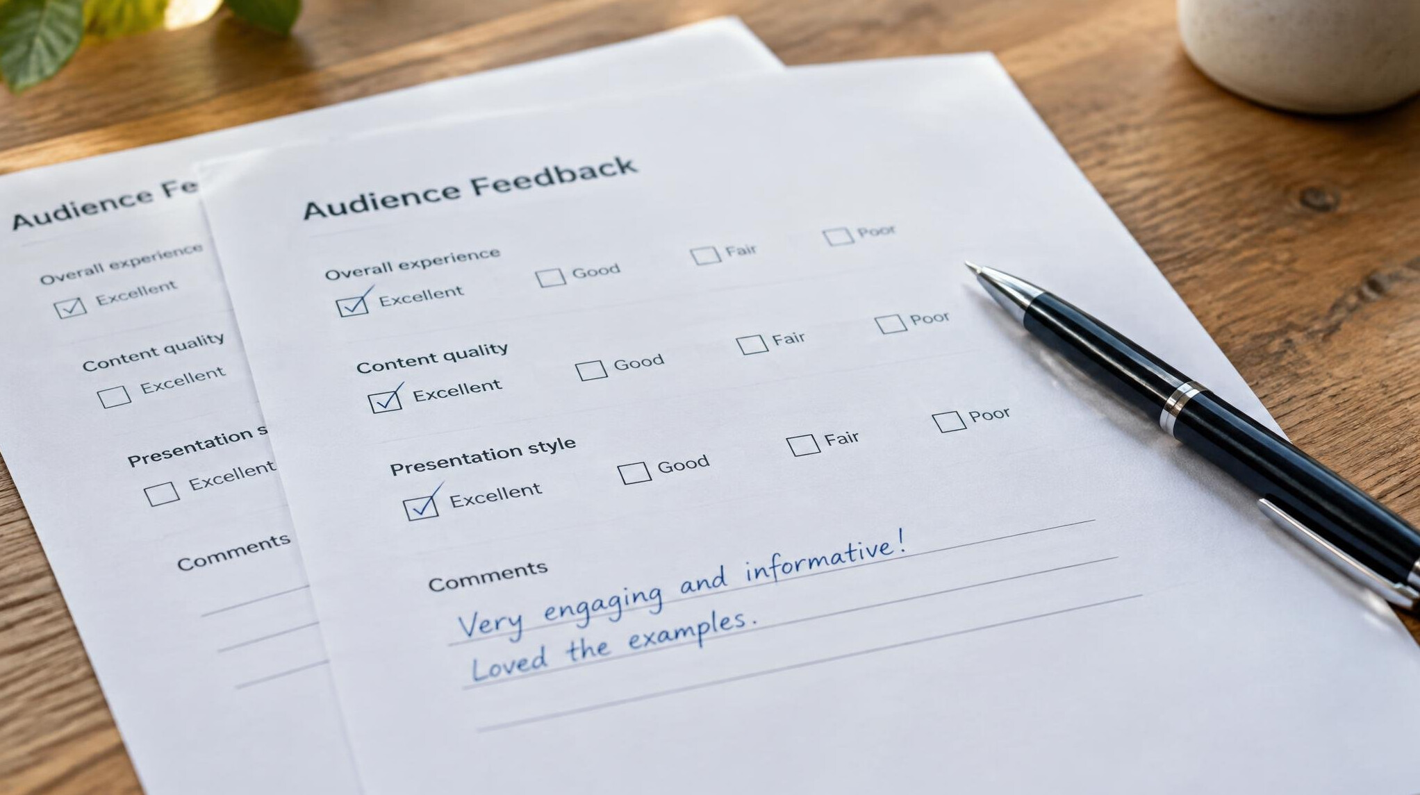 Close up of printed feedback forms with checkmarks and a pen