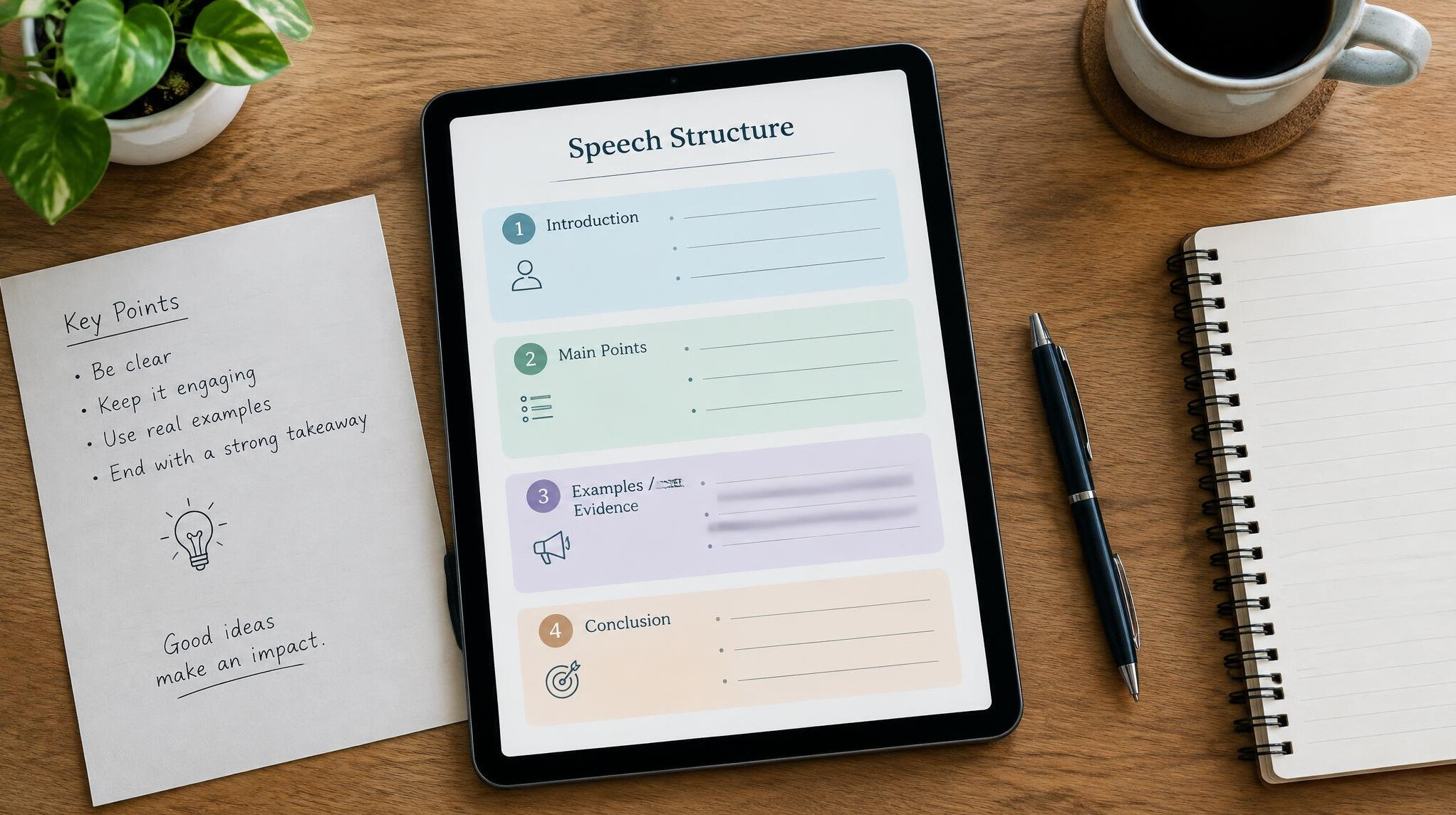 Tablet showing a speech structure template next to printed notes and a pen