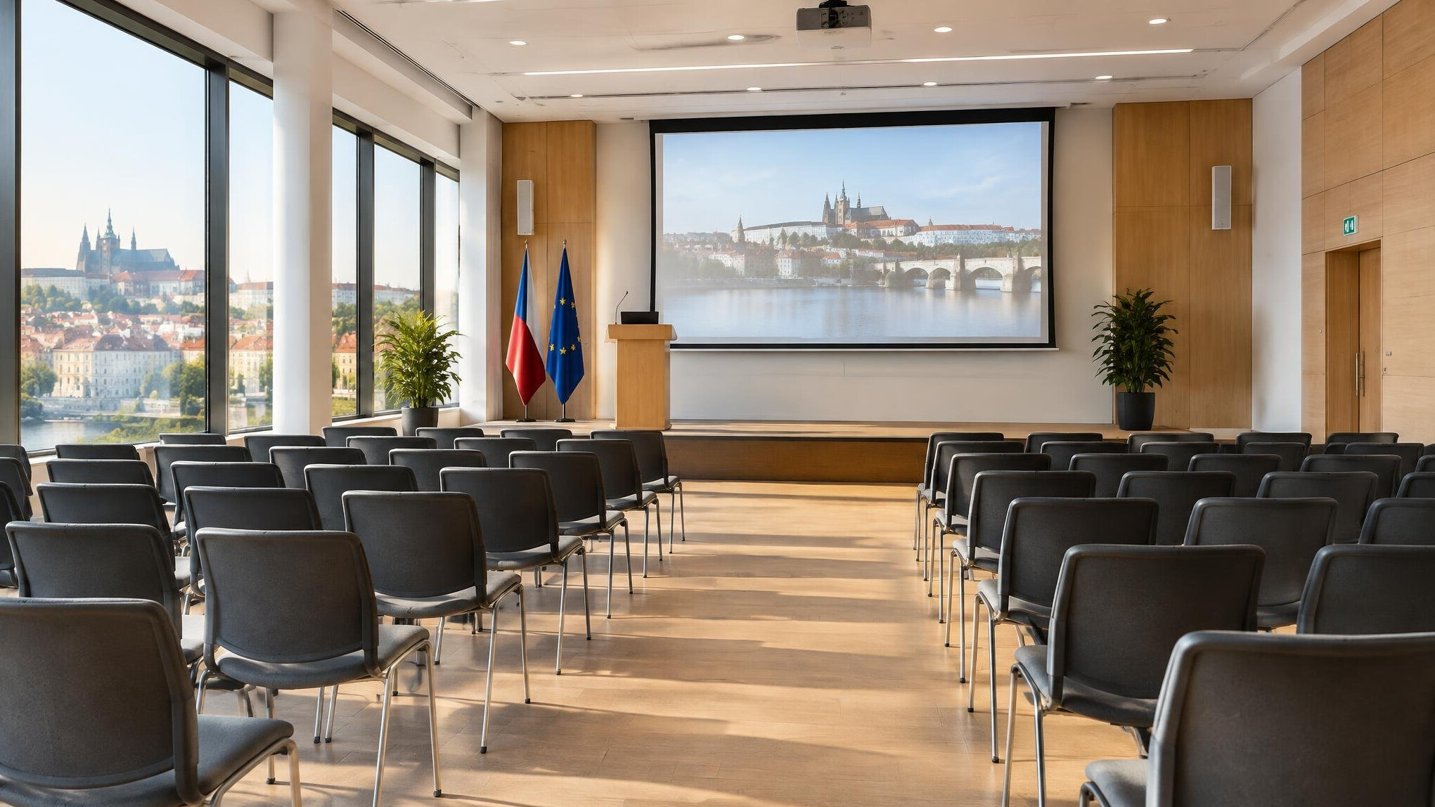 Empty modern lecture hall with rows of chairs facing a stage and screen