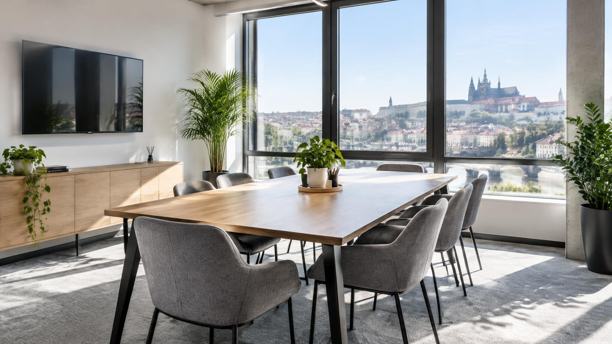 Bright modern office meeting room with a table and chairs