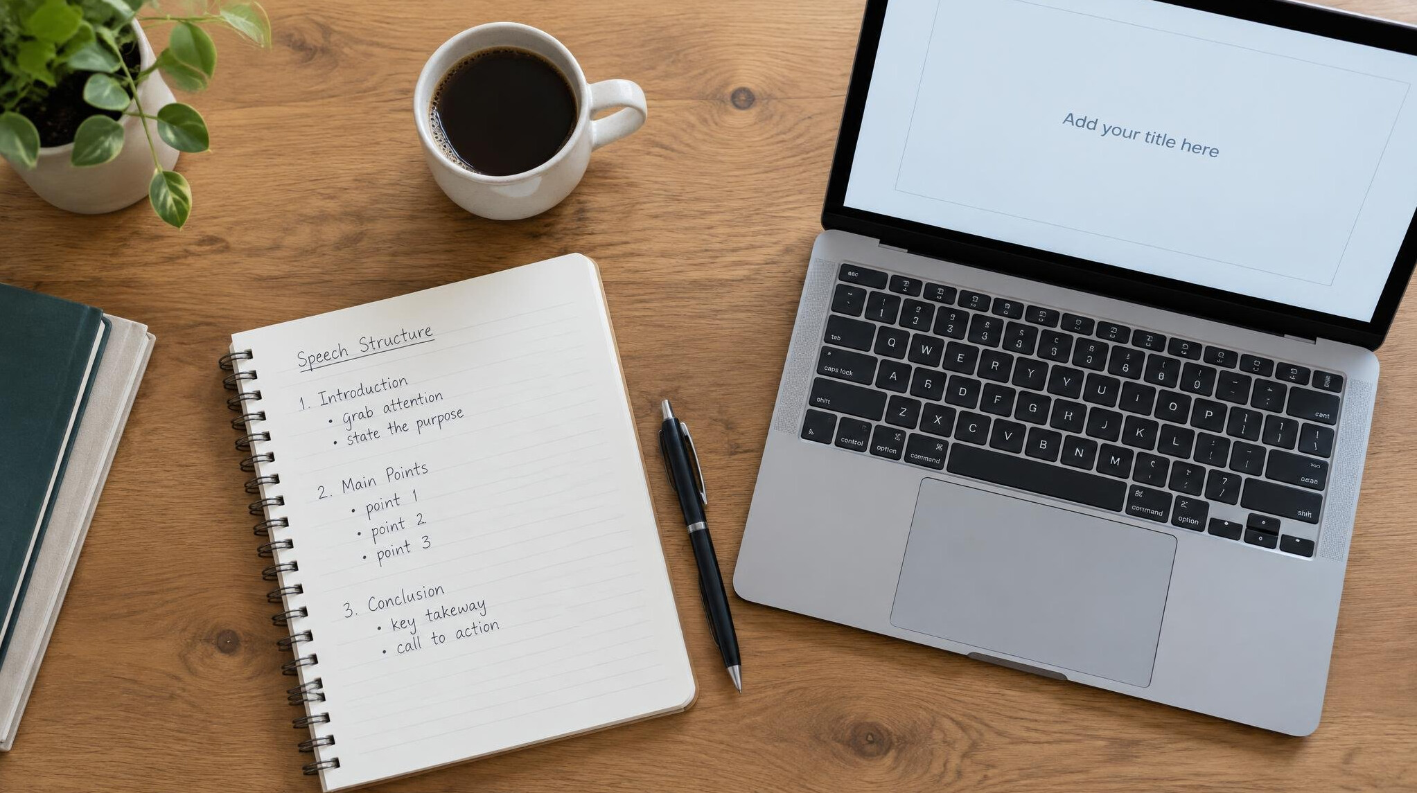 Notebook with a handwritten speech outline next to an open laptop