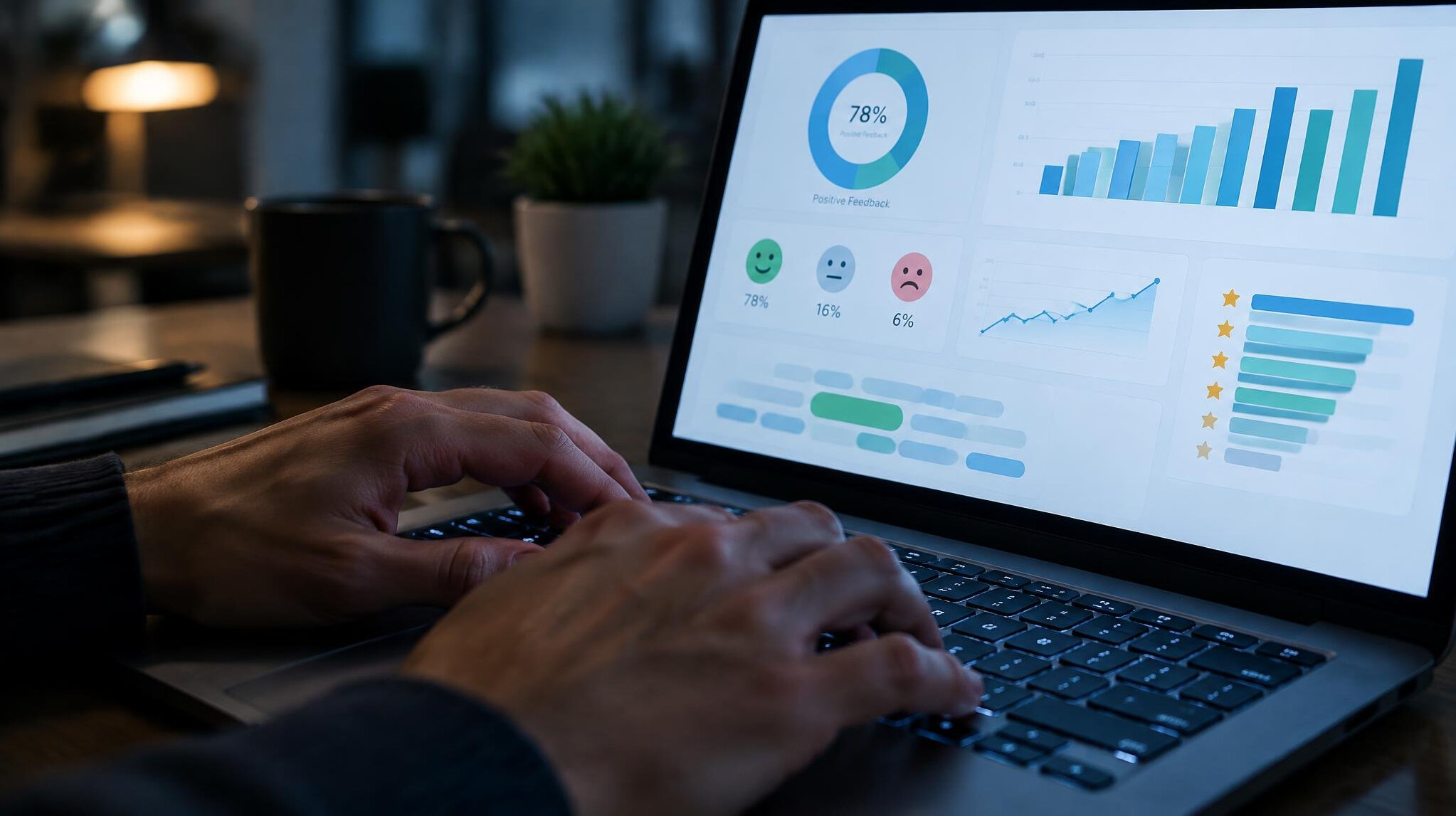 Hands typing on a laptop keyboard displaying charts and feedback data