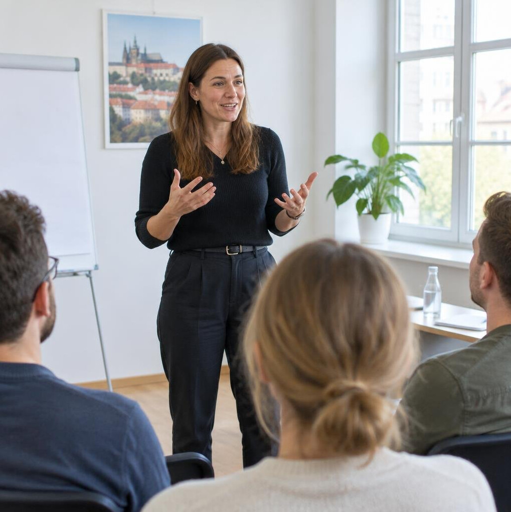 Czech woman trainer gesturing while telling a story to a small seated group